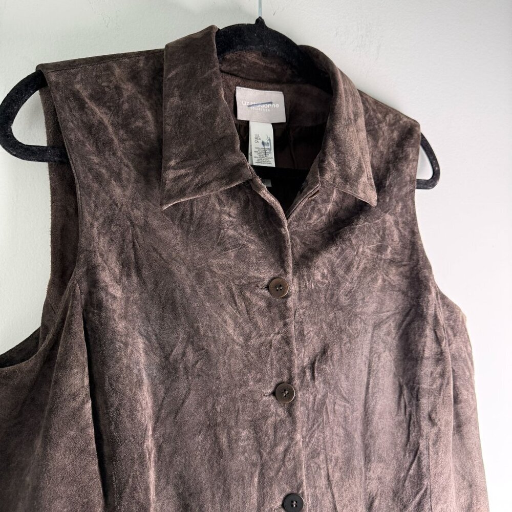 Liz Claiborne VTG Genuine Suede Top Collared Vest Brown Size L 90s Western Boho - Picture 2 of 6